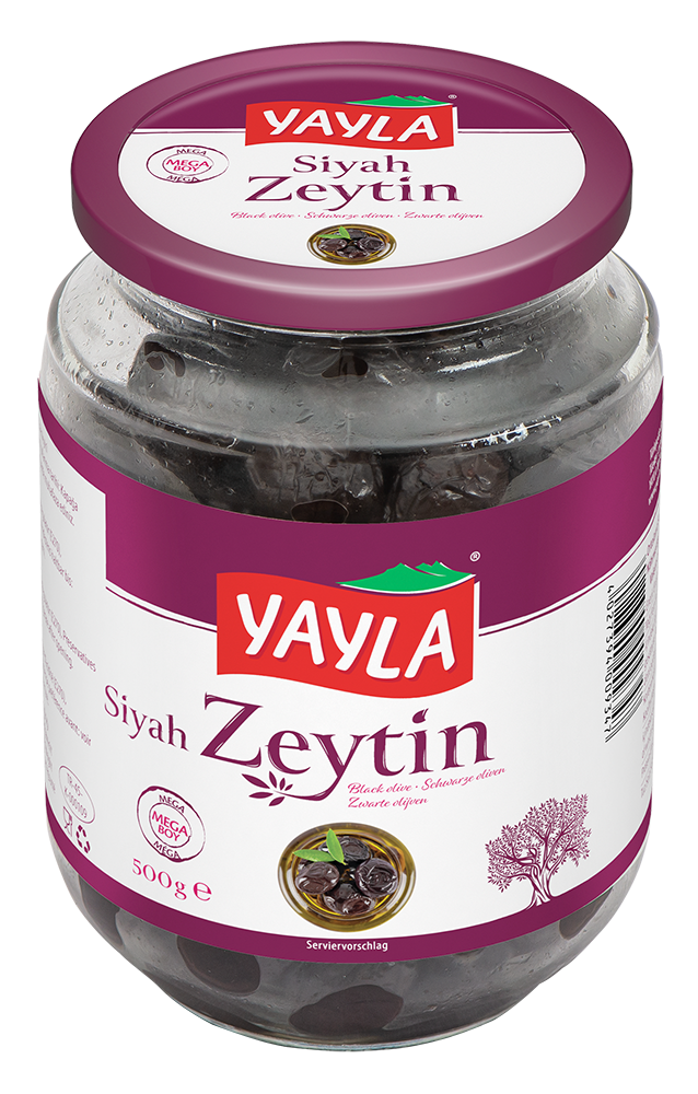 Mega-sized 500g black olives in premium packaging.
