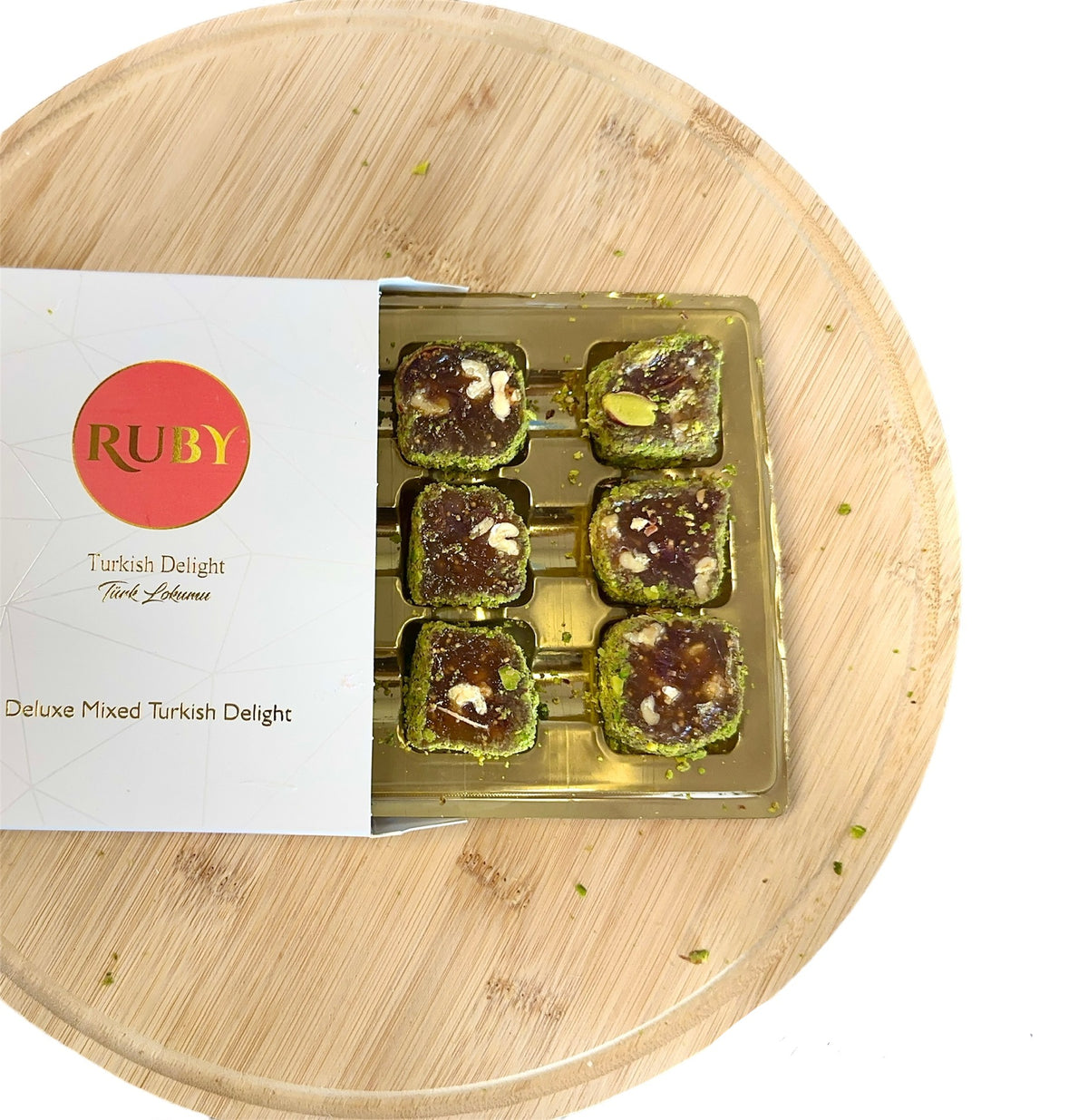 Ruby Pistachio Powder Coated Delight with Walnut & Fig.